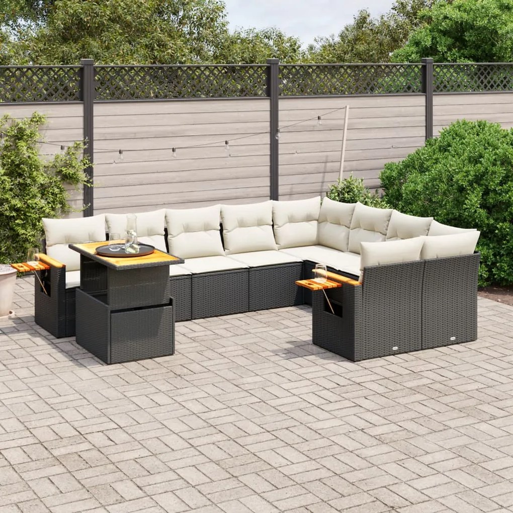 Set divani da giardino 10pz con cuscini in polyrattan nero