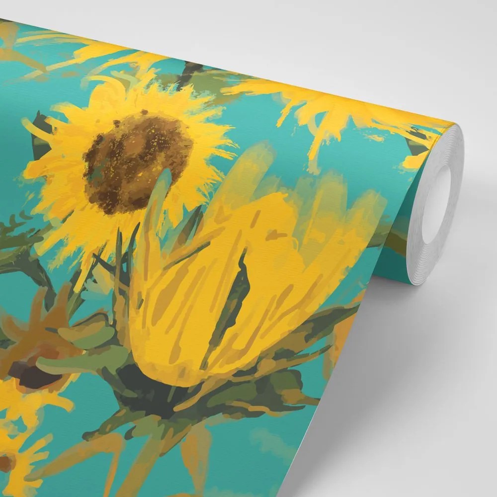 Carta da parati – Girasoli su sfondo blu