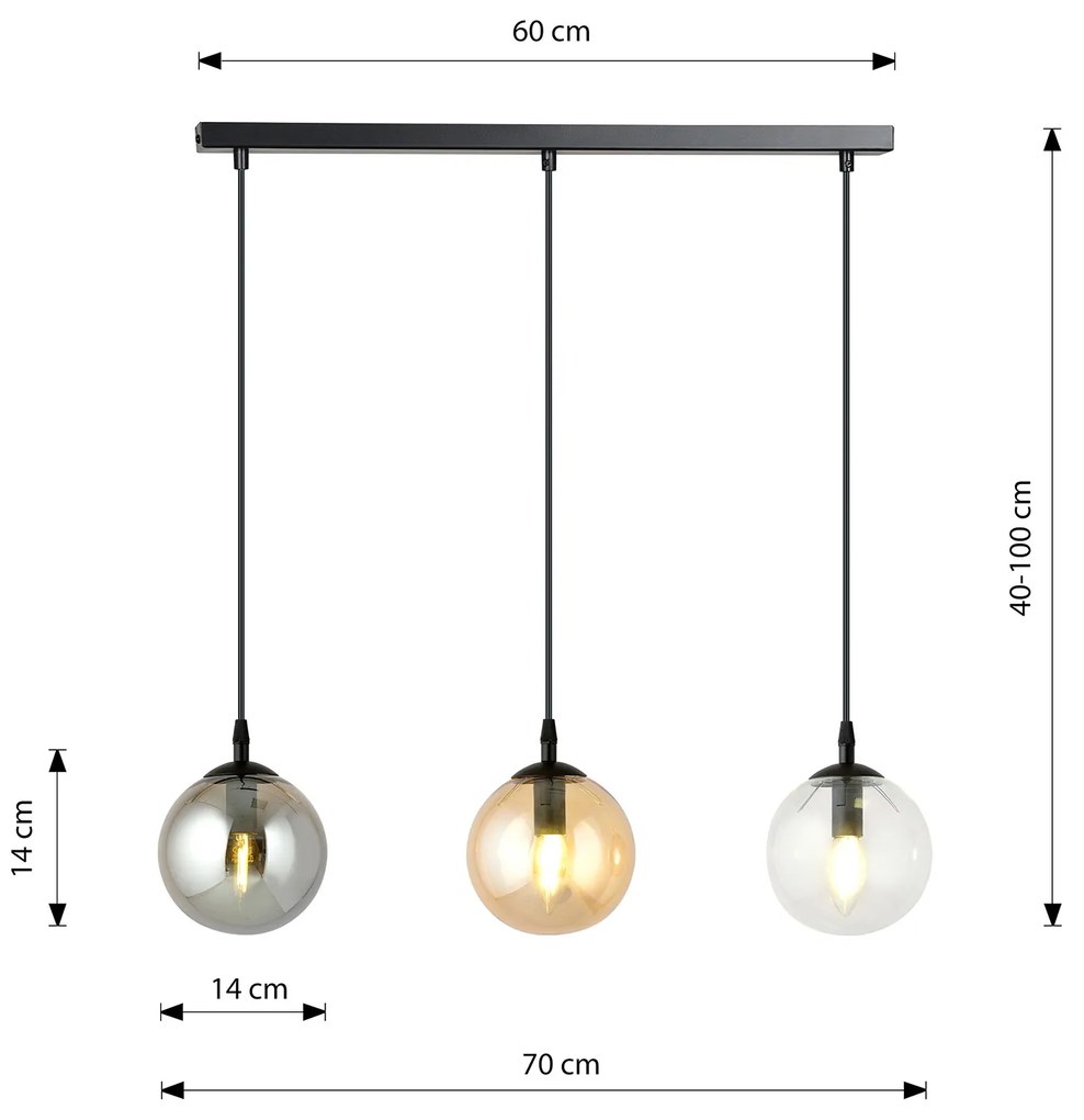 Sospensione Moderna 3 Luci Kali In Acciaio Nero E Sfere In Vetro Multicolor