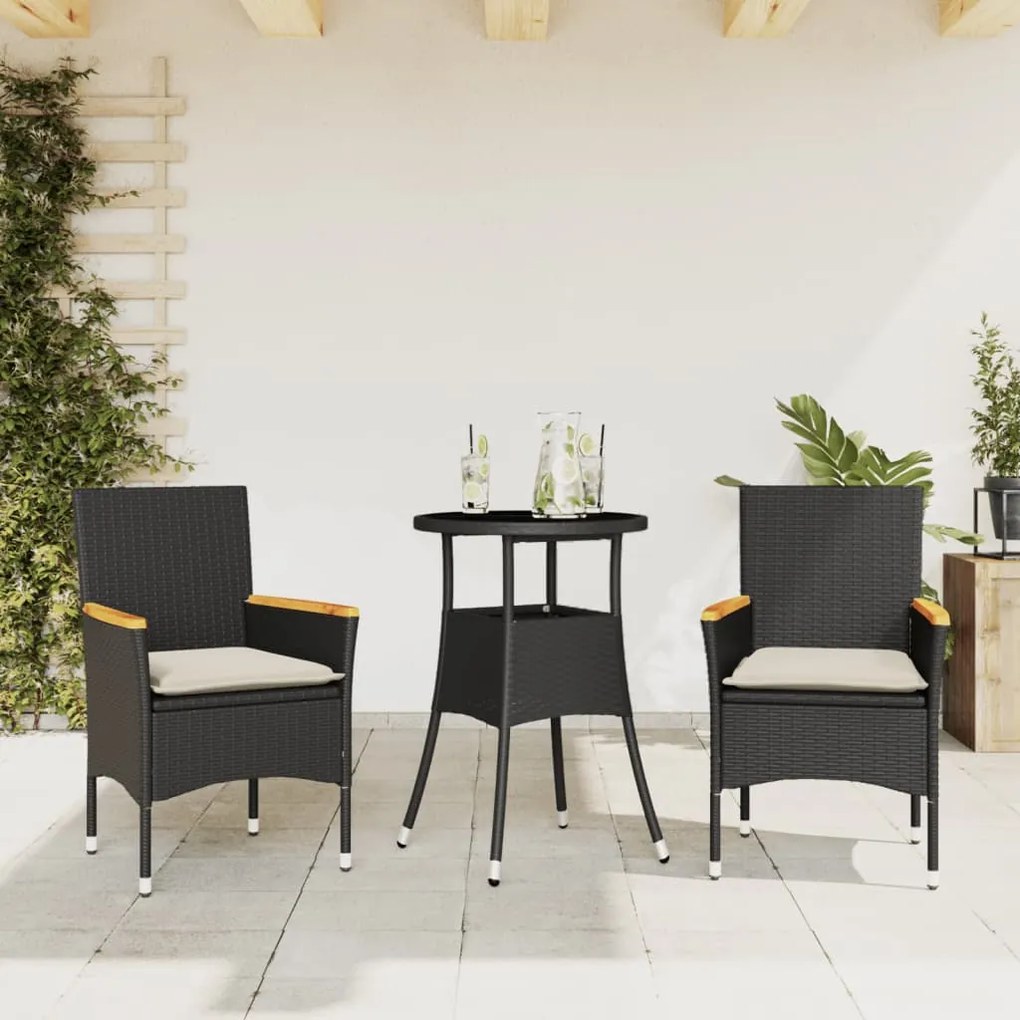Set Da Pranzo Da Giardino 3 Pz Con Cuscini Polyrattan E Vetro /