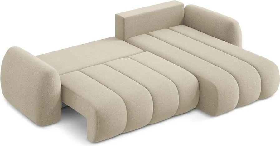 Divano angolare marrone chiaro allungabile/con contenitore (con penisola a destra/con chaise lounge) con rivestimento in bouclé Pele – Makamii