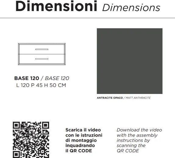 Mobile da bagno sospeso moderno base 120 CLASSIC con 2 cassetti e lavabo, ANTRACITE OPACO