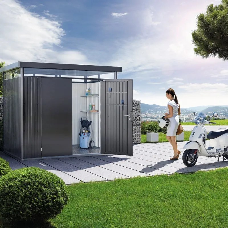 Casetta da giardino BIOHORT in acciaio Highline H1 grigio con porta doppio battente, superficie interna 4.26 m² e spessore parete 0.5 mm