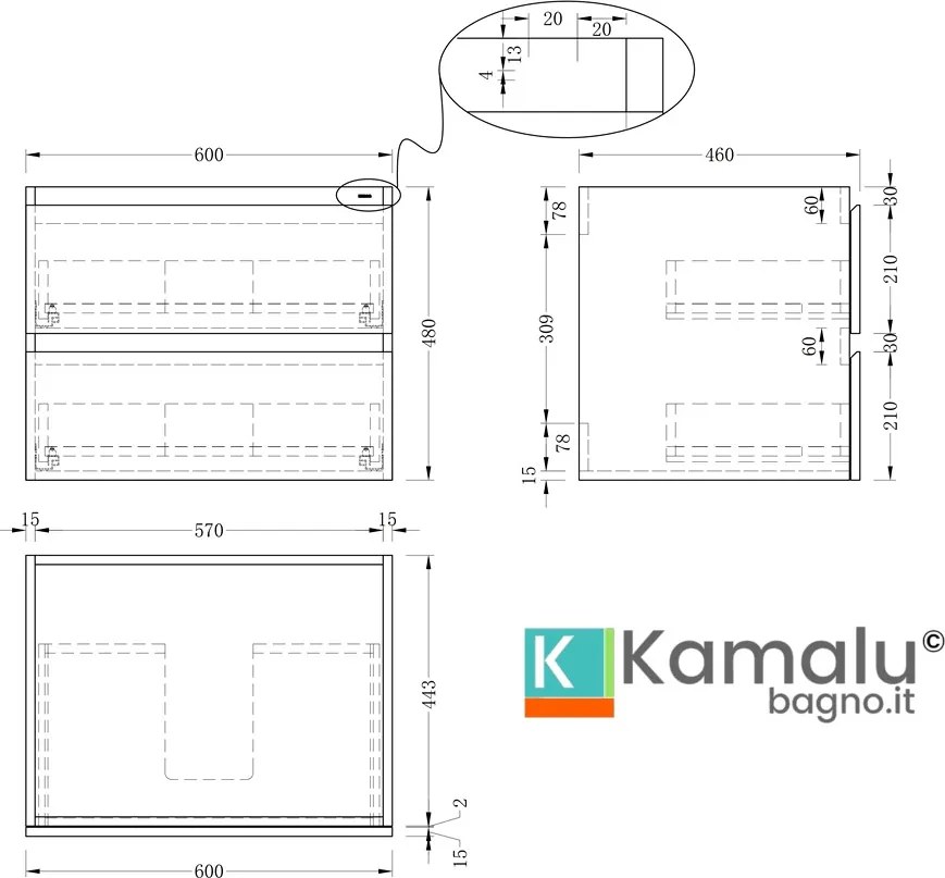 Mobile bagno 60 con lavabo integrato legno chiaro | KAM-HR60 - KAMALU