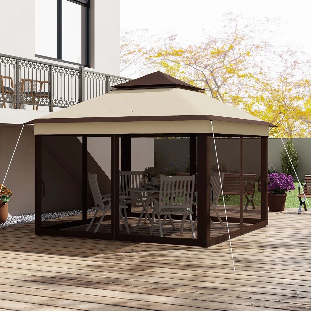 Gazebo Regolabile su 3 Livelli con Pareti Rimovibili 3x3m in Acciaio e tessuto Oxford Caffè e Beige...