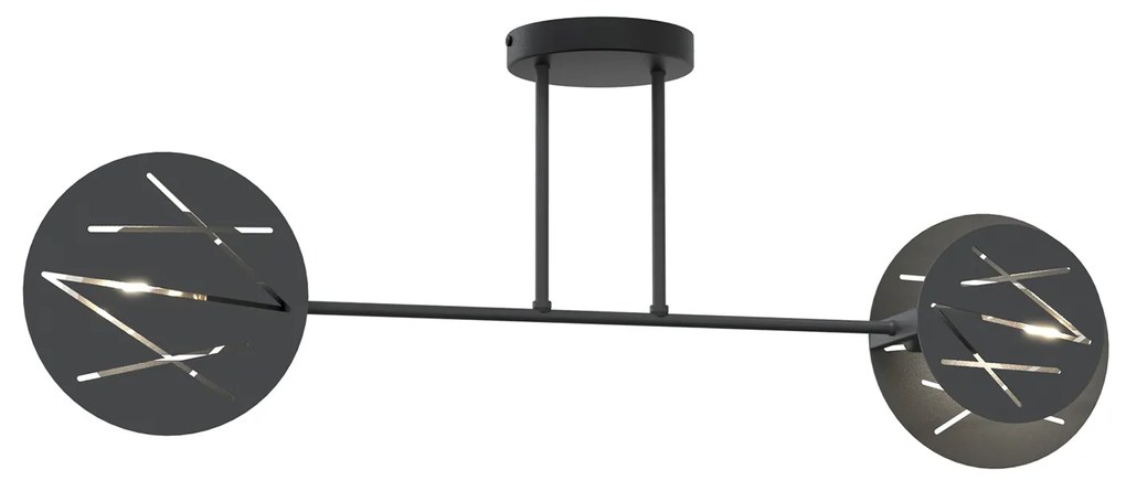 Plafoniera 2 Luci Plutone In Acciaio Nero A Bracci E Diffusori A Cerchio