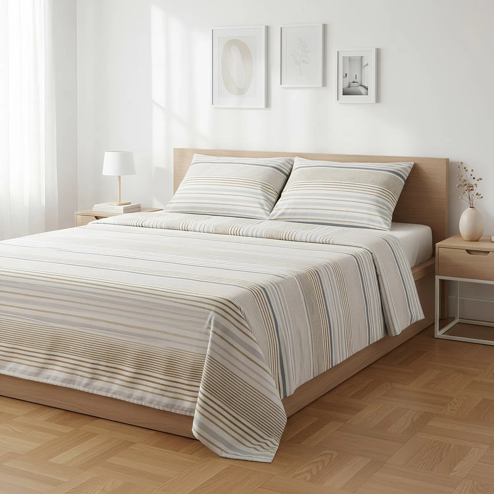 Completo letto matrimoniale righe beige grigie