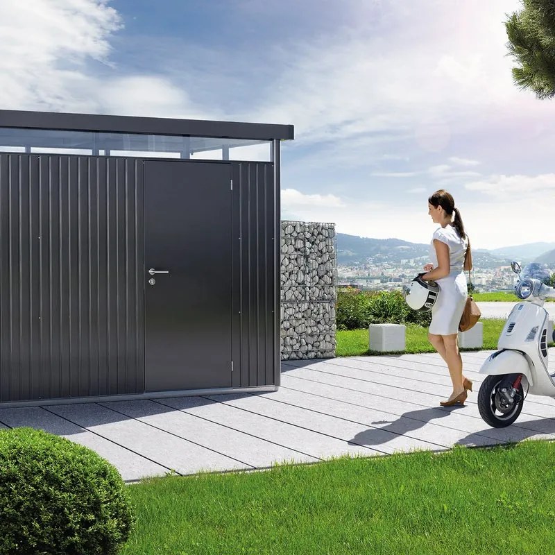 Casetta da giardino BIOHORT in acciaio Highline H1 antracite con porta battente semplice, superficie interna 4.26 m² e spessore parete 0.5 mm