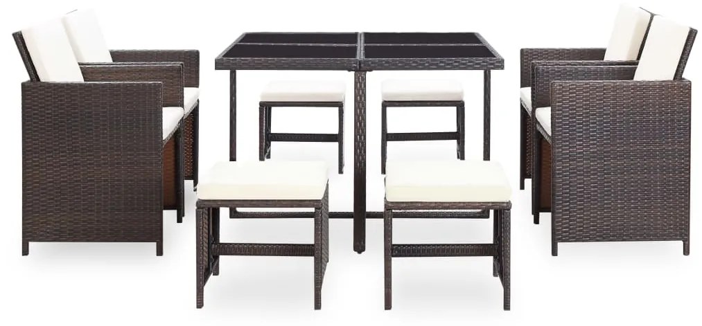 Set da pranzo da giardino 9 pz con cuscini polyrattan marrone