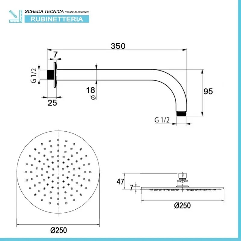 Set doccia a incasso completo nero opaco con braccio 35cm, soffione 25cm, miscelatore e kit doccino Flat