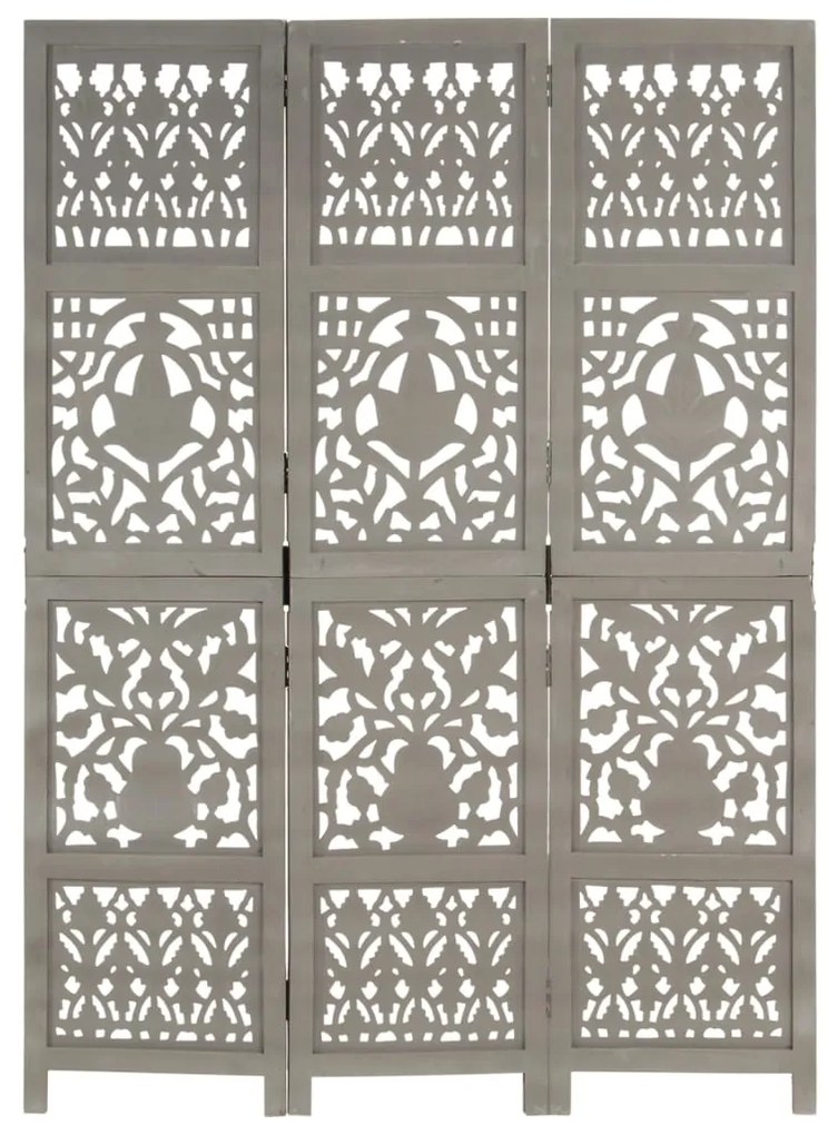 Divisorio 3 pannelli intagliato grigio 120x165cm mango massello