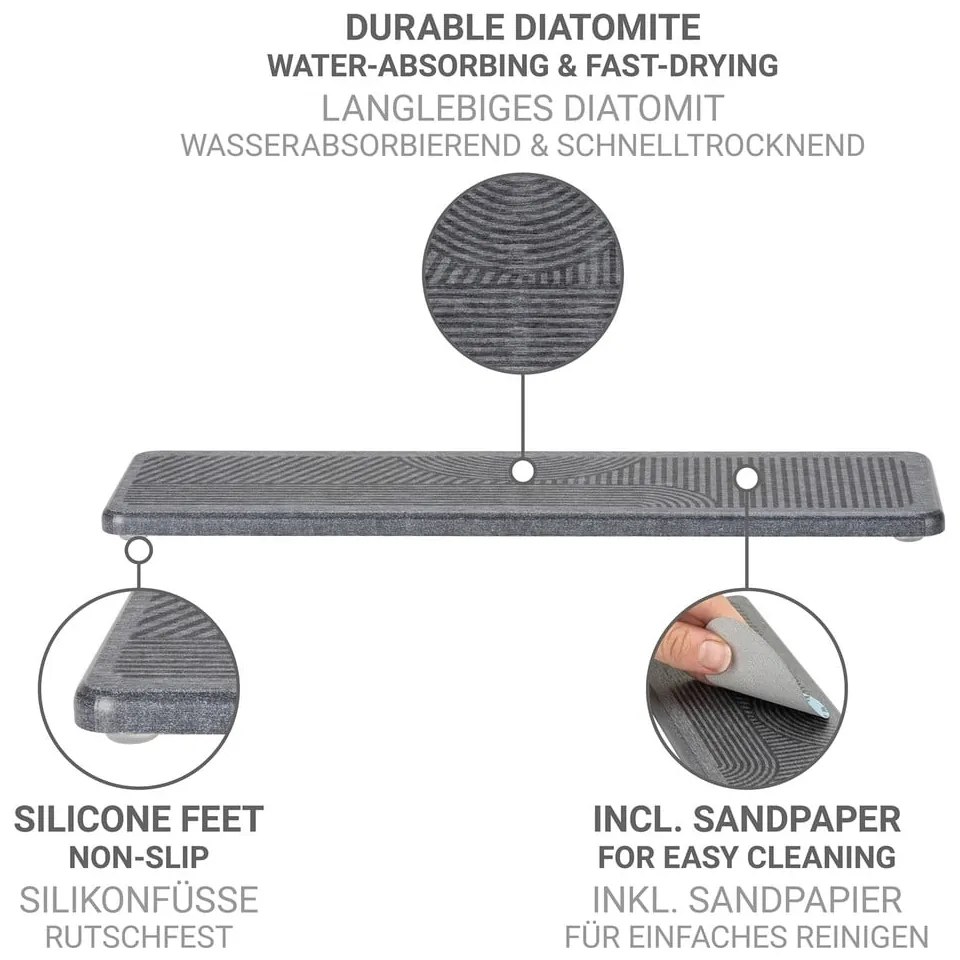 Tappetino scolapiatti grigio in diatomite 30x8 cm Damon – Wenko