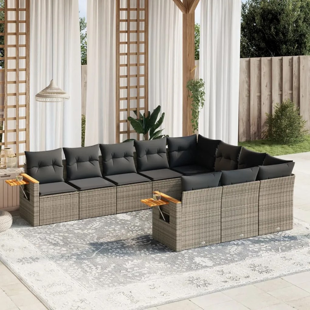 Set divano da giardino 10 pz con cuscini grigio in polyrattan