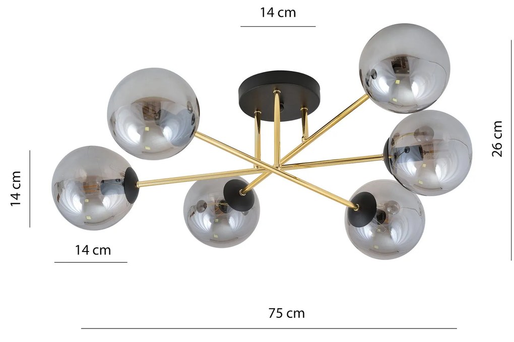 Plafoniera Moderna Magnium 6 Luci In Acciao Oro E Sfere In Vetro Fumè