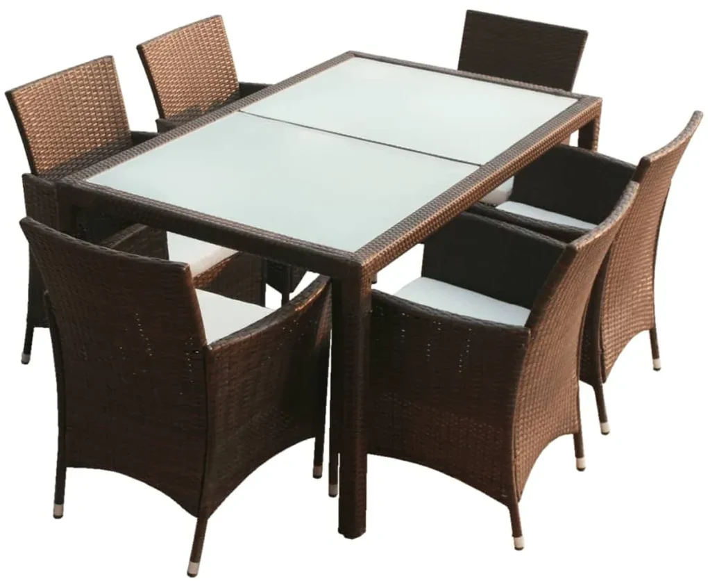Set da pranzo da giardino 7 pz con cuscini polyrattan marrone