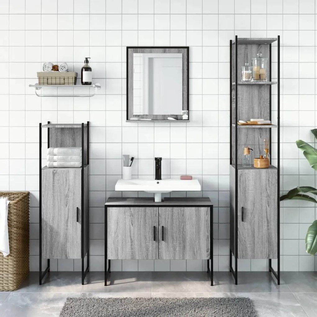 Set mobili da bagno 4 pz grigio sonoma in legno multistrato