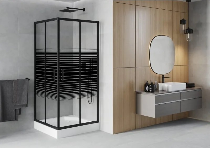 Mexen Rio cabina doccia quadrata 90 x 90 cm, bande nere, nero + piatto doccia, bianco - 860-090-090-70-20-4510