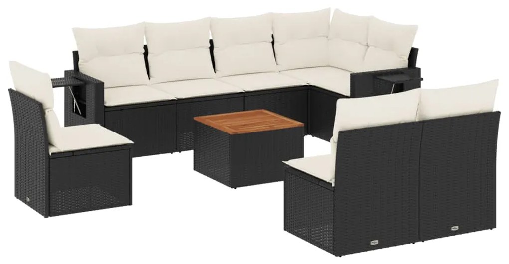 Set Divani da Giardino 9 pz con Cuscini Nero in Polyrattan