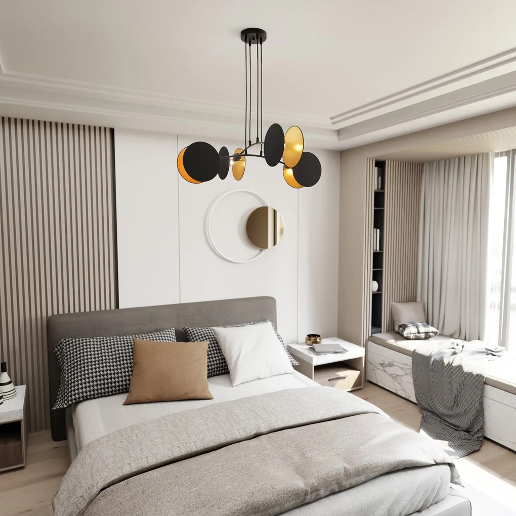Lampada A Sospensione 4 Luci Moderna Nut In Acciaio Nero E Oro