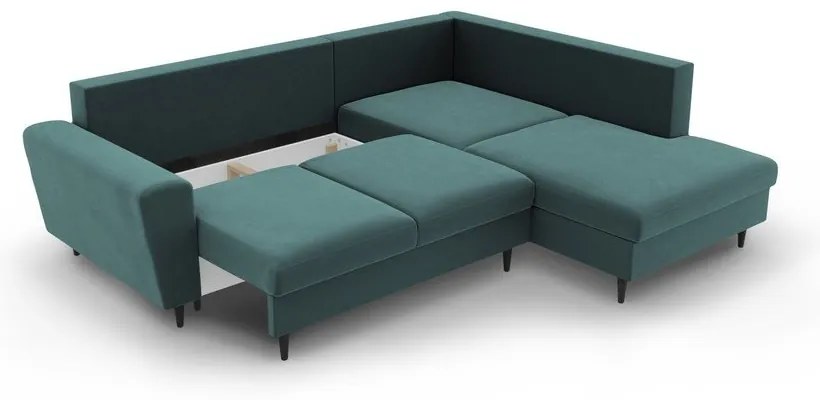 Divano angolare color petrolio allungabile e con contenitore (con penisola a destra/a L) con rivestimento in velluto Kyoto – Cosmopolitan Design