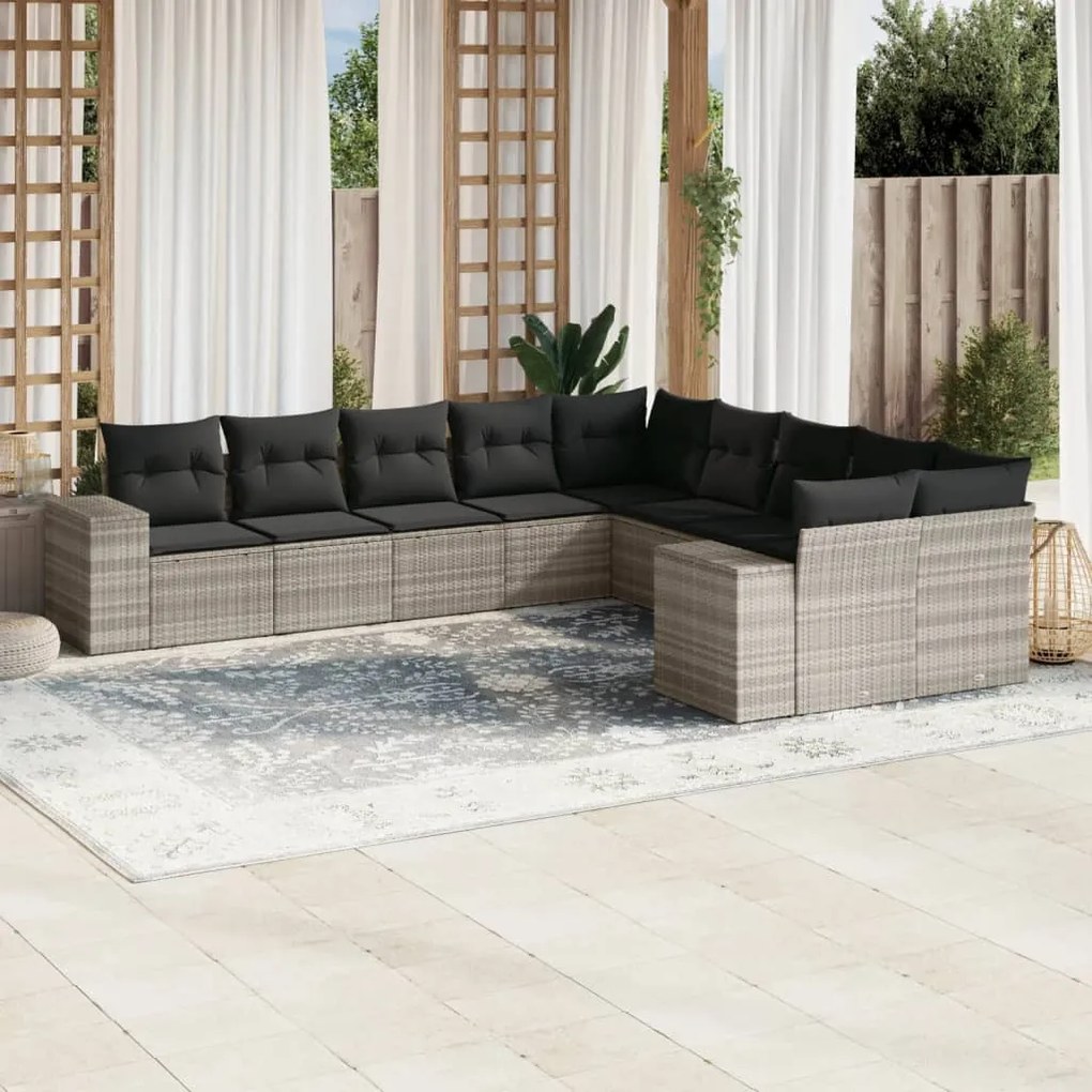 Set divano giardino 10 pz con cuscini grigio chiaro polyrattan