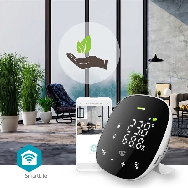 Nedis WIFISA20CBK-Smart monitor della qualità dell'aria con display a LED SmartLife Wi-Fi