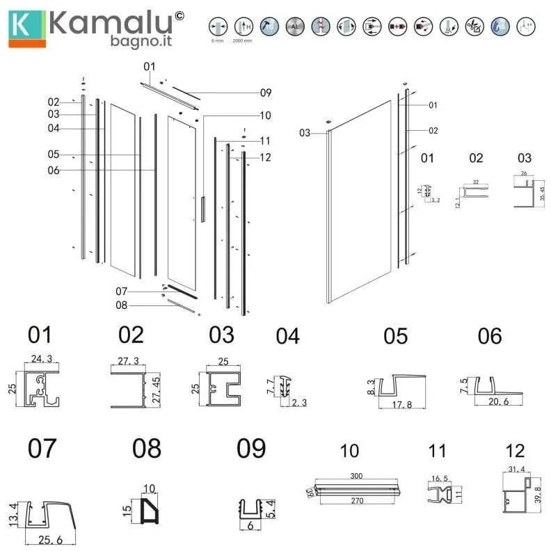 Kamalu - Box doccia 3 lati 90x100x90 scorrevole  telaio bianco | KLA-4000N