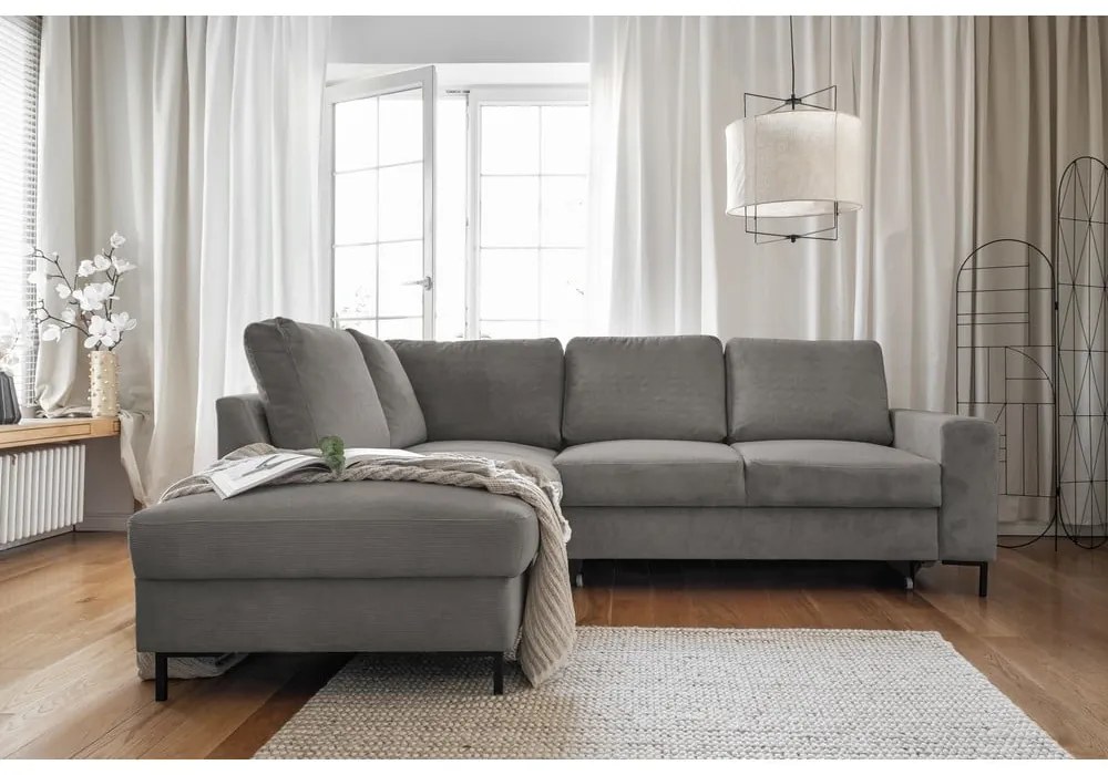 Divano letto in velluto a coste grigio (angolo sinistro) Lofty Lilly - Miuform