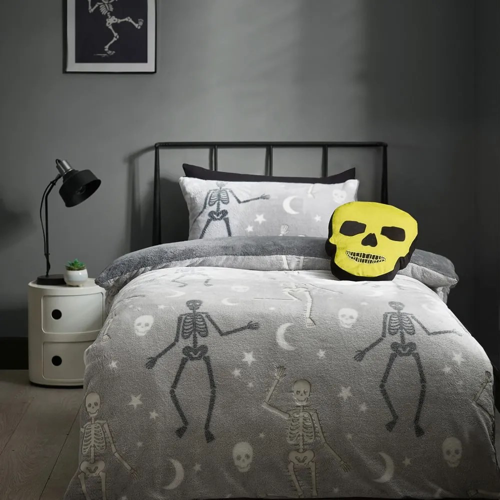 Biancheria da letto per bambini con effetto fosforescente grigia in micropile per letto matrimoniale 200x200 cm Halloween Skeleton – Catherine Lansfield