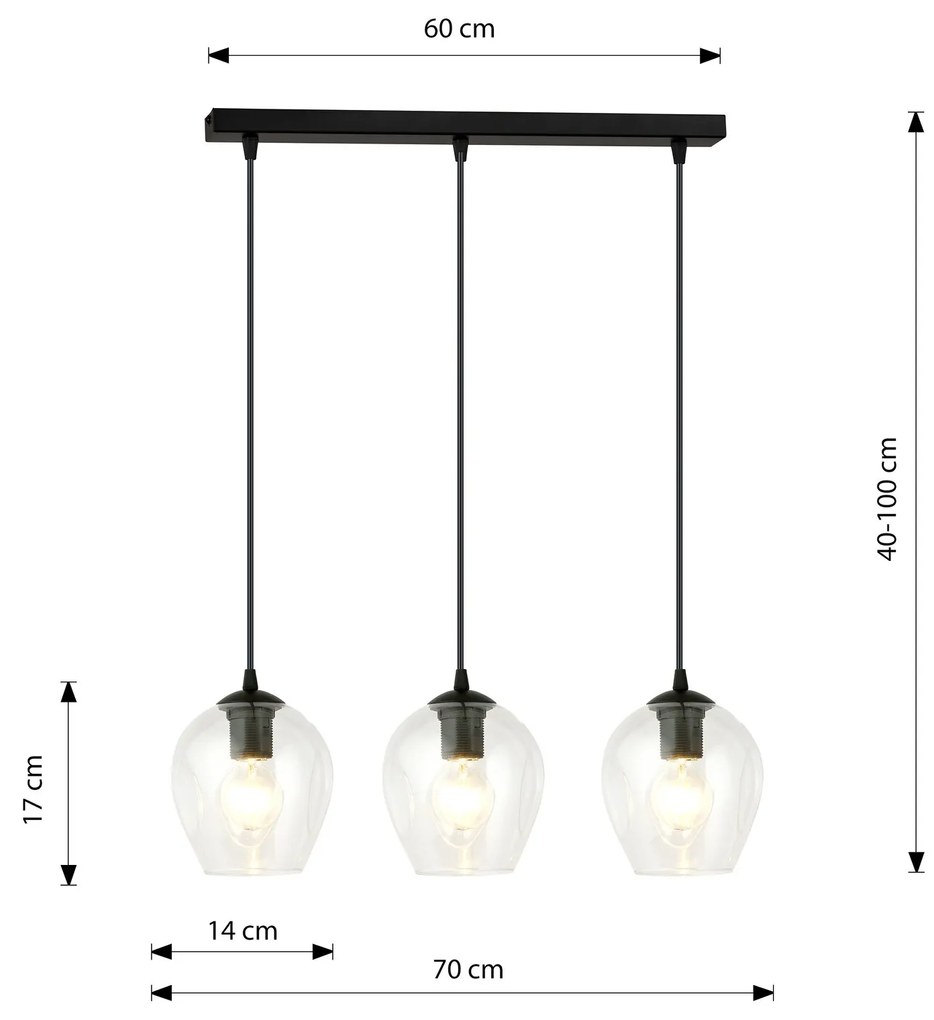 Lampadario 3 Luci Istar In Acciaio Nero E Vetri Trasparente