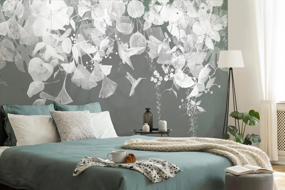 Carta da parati – Foglie Verde-Grigio con Colibrì