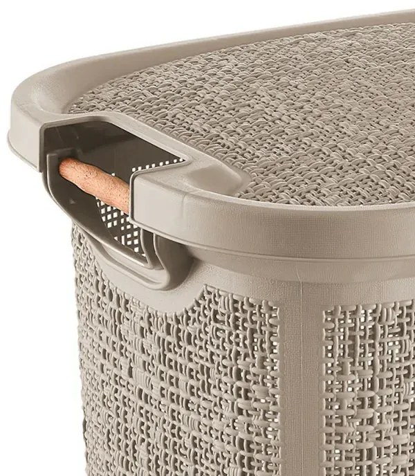 Cesto portabiancheria in plastica tortora con manici in legno capienza 60 lt