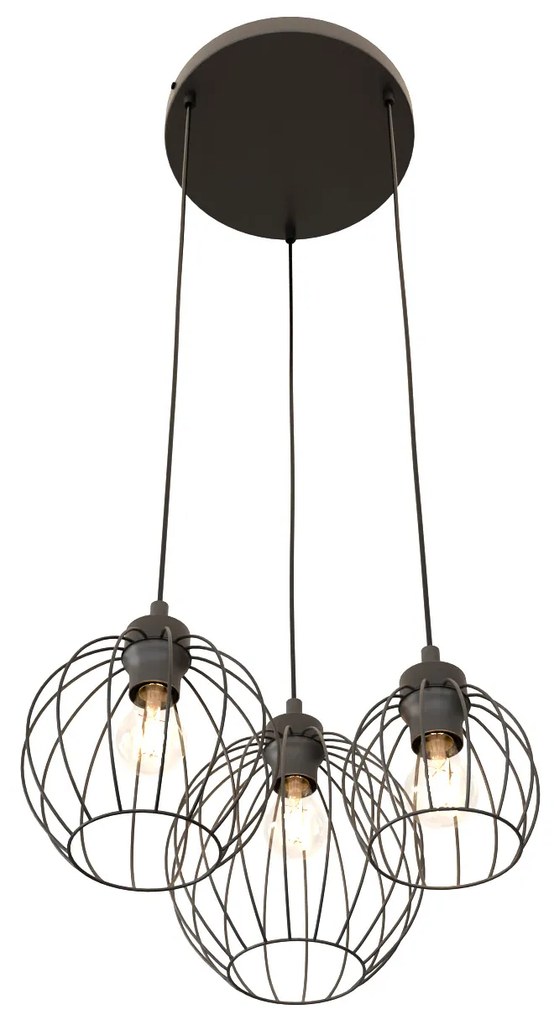 Sospensione Minimal Industrial Hathor 3 Luci Tonda Nera