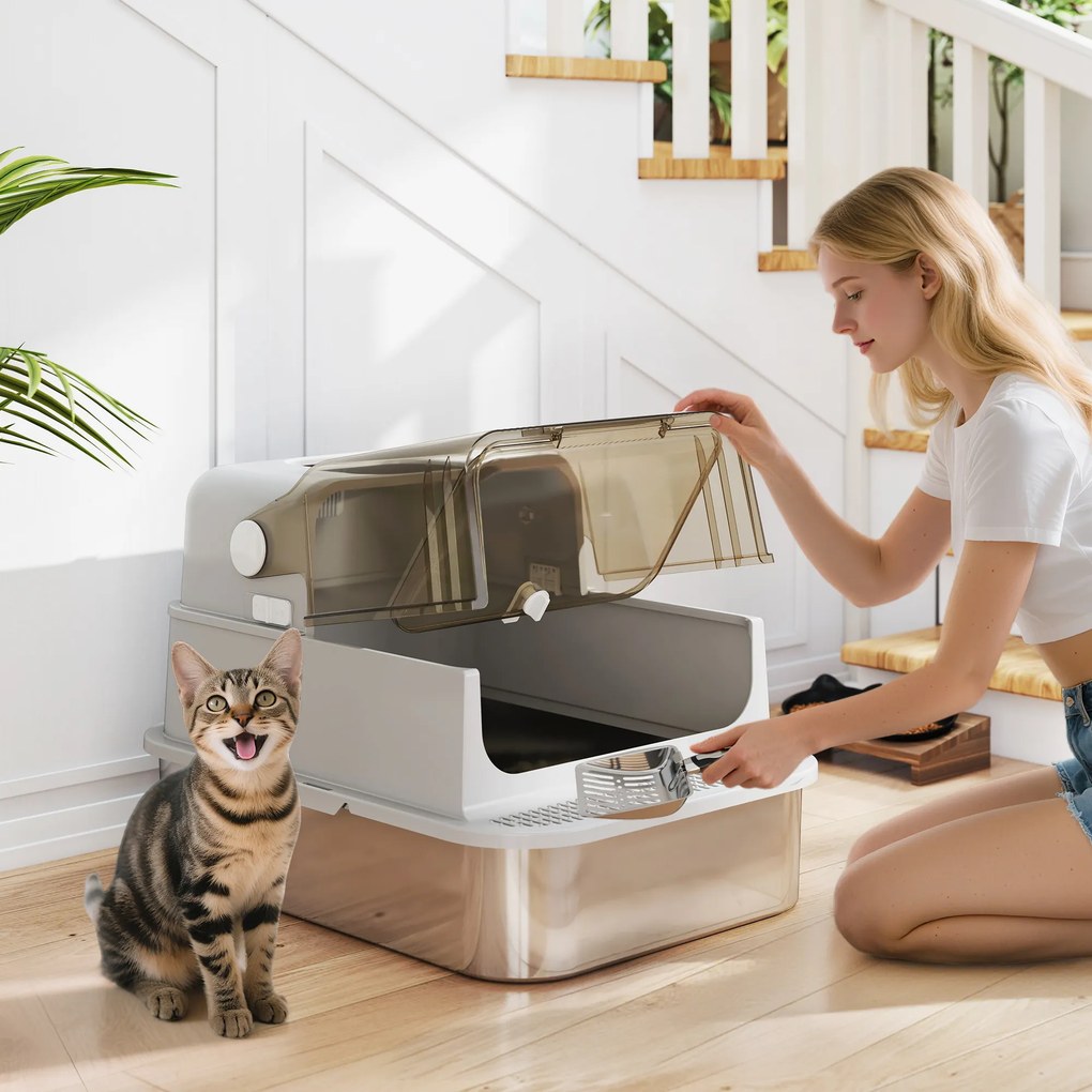 Lettiera Chiusa per Gatti XXL a 2 Porte 70x50x46,5 cm Vaschetta in Acciaio Inox Grigio...