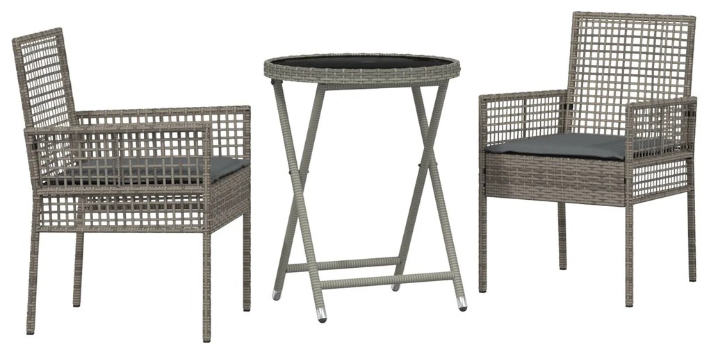 Set da giardino 3 pezzi con cuscini grigio in polyrattan