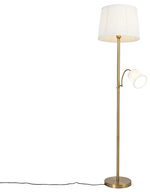 Lampada da terra classica in bronzo con paralume in tessuto bianco e lampada da lettura - Retro