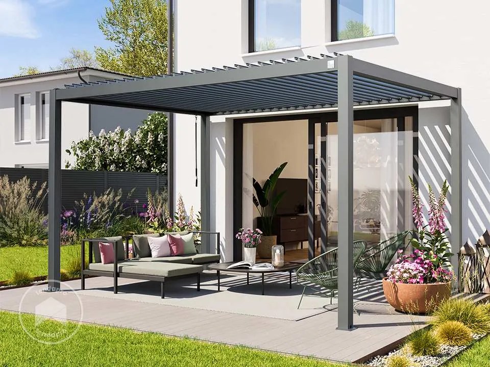 PRIMEYARD Pergola 3x4m, tetto lamellare, grigio perla - (400107)