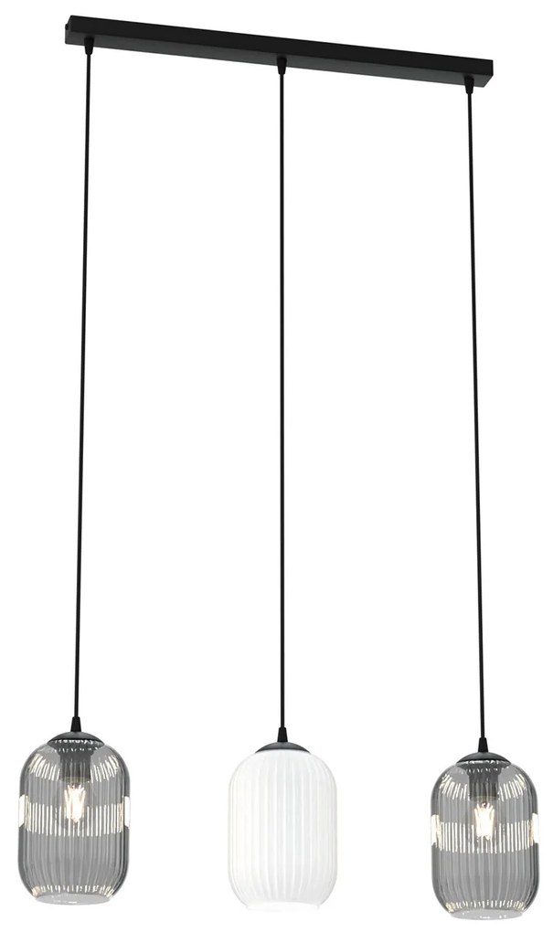 Lampadario 3 Luci Selene In Acciaio Nero E Vetri Plissettati In Bianco E Fumè