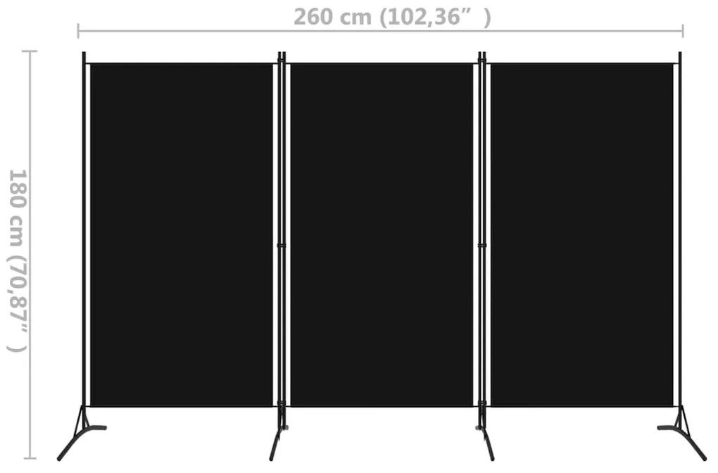 Paravento a 3 pannelli nero 260x180 cm