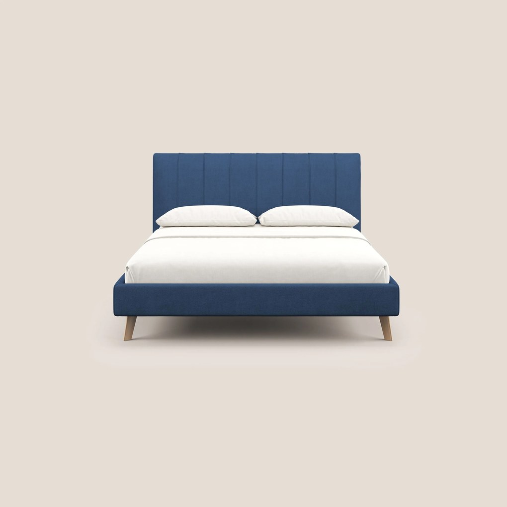 Selene letto imbottito con piedini naturali sfoderabile in tessuto impermeabile T02 blu