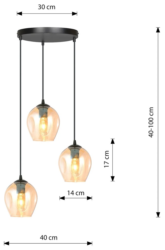 Lampadario 3 Luci Fuxi Base Tonda In Acciaio Nero E Vetri Ambra