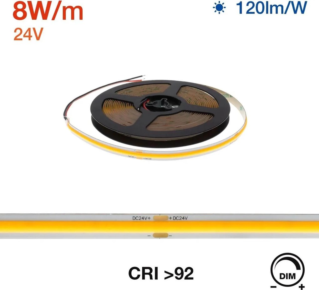 Striscia LED COB 8W/m 24VDC IP20 5m Professional Colore Bianco Naturale 4.000K