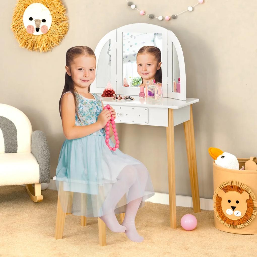 Costway Set di vanità in legno per bambini 2 in 1, Tavolo e sgabello di vanità con specchio pieghevole cassetto