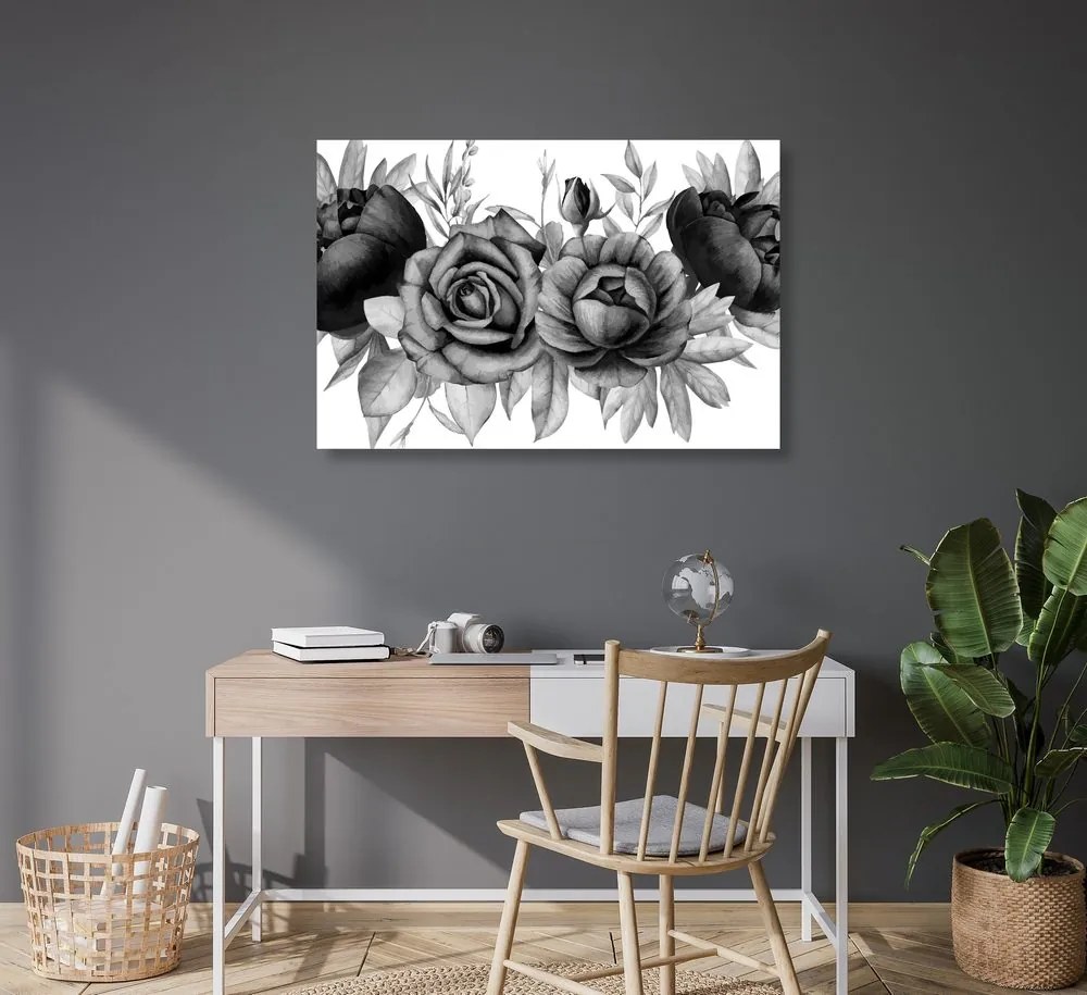 Stampa su tela – Incantevole combinazione di fiori e foglie in bianco e nero