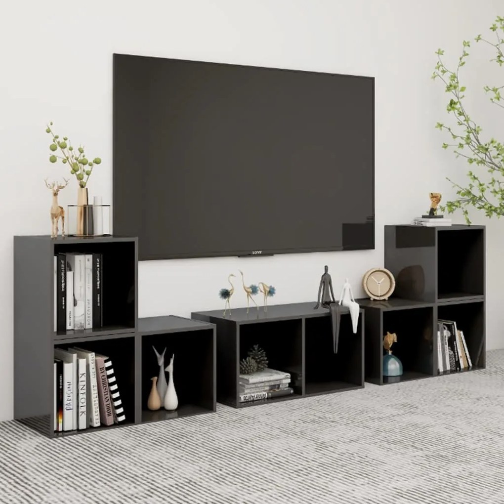 Set Mobili Tv 6 Pz Grigio Lucido İn Legno Multistrato /
