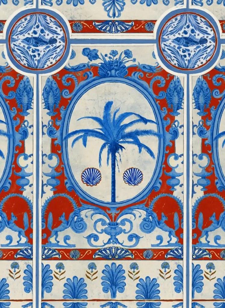 MINDTHEGAP Tapete The Villa Mural - Blue/ Red/ Taupe