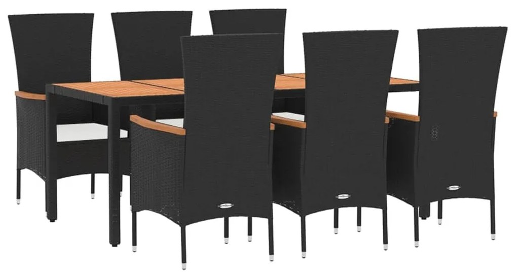 Set da pranzo da giardino 7 pz nero con cuscini in polyrattan
