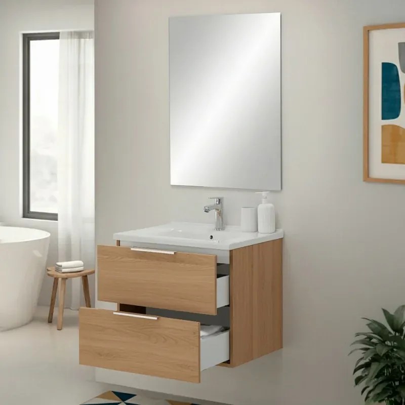 Mobile bagno sospeso 60cm rovere con cassetti lavabo e specchio Elva
