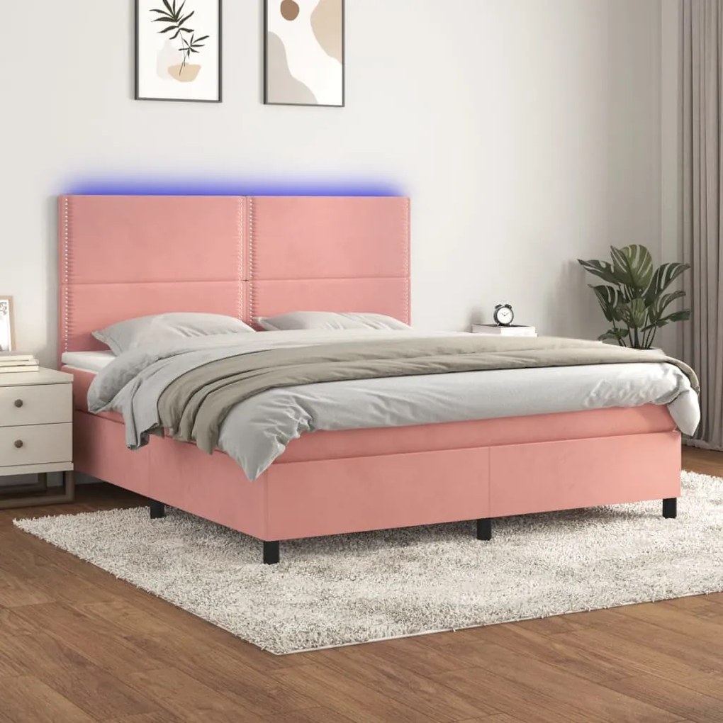 Letto A Molle Con Materasso E Led Rosa 160x200 Cm İn Velluto /