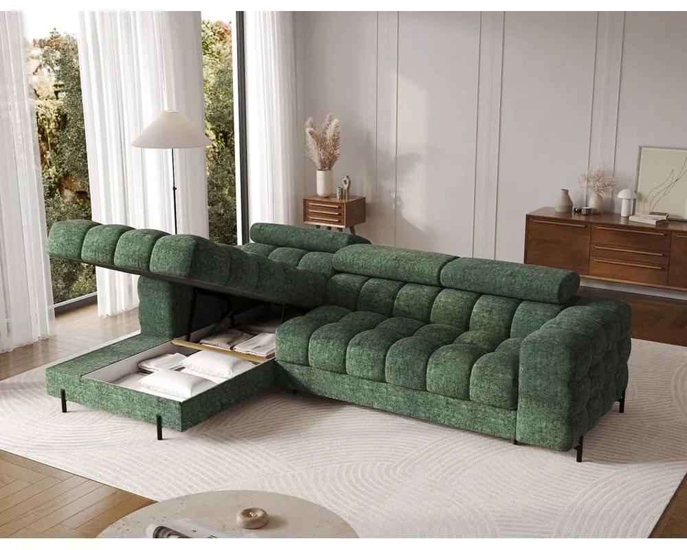 Divano angolare verde allungabile/con contenitore (con penisola a sinistra/con chaise lounge) con rivestimento in bouclé Felro – ELTAP
